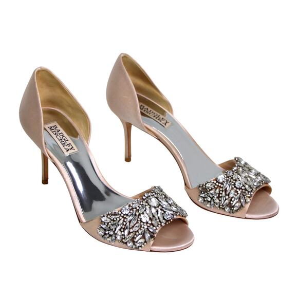 Badgley Mischka PINK GOLD SATIN JEWELED MID HEEL OPEN TOE PUMP SHOES Sz 7 1/2 - Picture 1 of 11